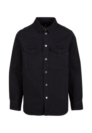 Black long-sleeve shirt made of denim, featuring a pointed collar, two chest pockets, and snap button closures along the front.