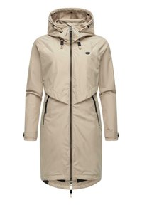 Beige waterproof jacket with a hood, front zipper, elasticized waist, and side pockets. Smooth texture and minimalist design.