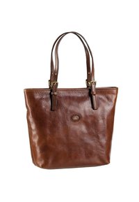 Borsa a spalla in pelle marrone con due manici e una piccola patch ovale con logo sul davanti, mostrata su uno sfondo bianco.