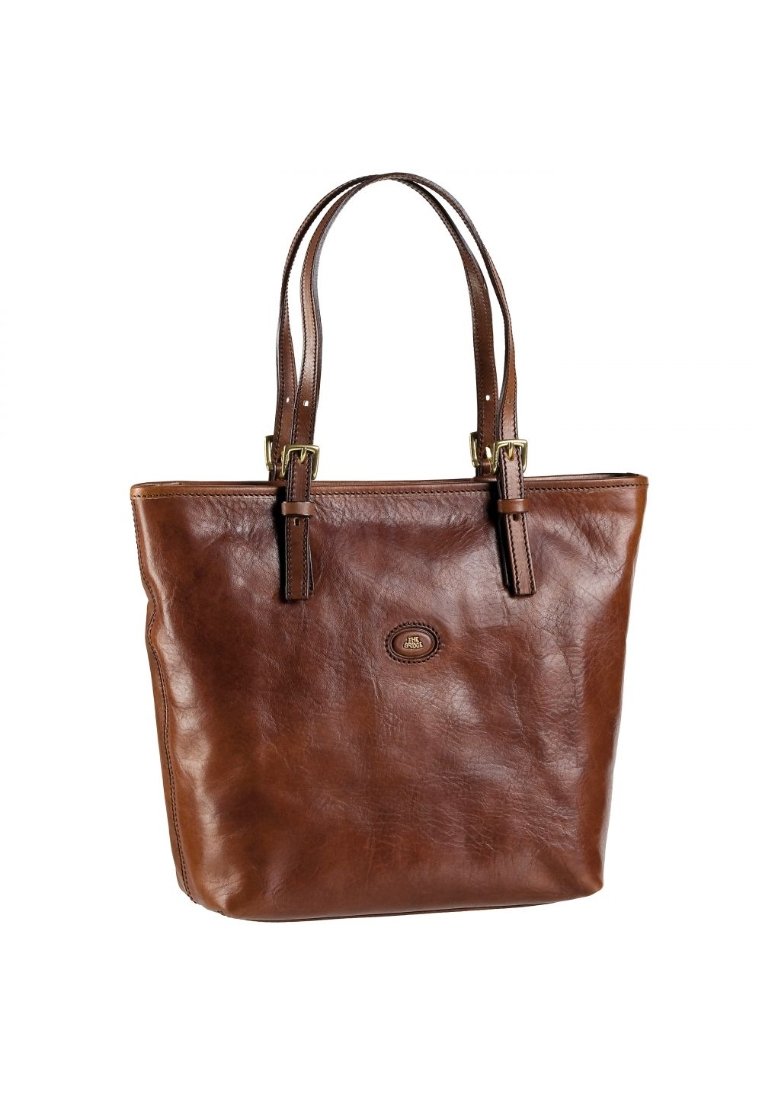 Borsa a spalla in pelle marrone con due manici e una piccola patch ovale con logo sul davanti, mostrata su uno sfondo bianco.