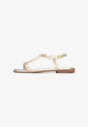 Sandalias planas metálicas doradas con diseño de tira en T, hebilla ajustable en el tobillo, punta abierta y suela plana de goma. Textura suave y estilo minimalista.