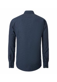 Navyblauwe lange mouwen dress shirt van de achterkant weergegeven met knoopmanchetten en een klassieke kraag.