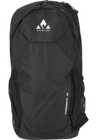 Black backpack made of durable fabric, featuring mesh side pockets, subtle logo, and a streamlined design with a zippered top.