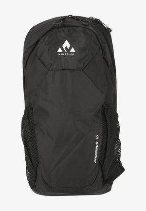 Schwarzer Rucksack aus strapazierfähigem Stoff, mit Netzseitentaschen, dezentem Logo und einem schlanken Design mit einem Reißverschluss oben.