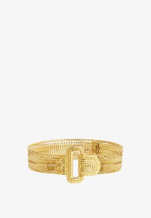 Ceinture large texturée couleur or avec boucle rectangulaire et passant, conçue avec un motif tissé.