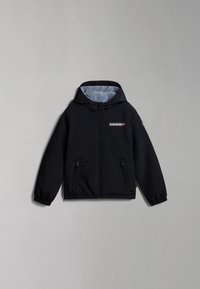 Black zip-up jacket with a hood, featuring side pockets, elastic cuffs, and light blue lining. Logo printed on the chest. Smooth texture.