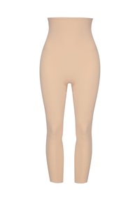 Leggings beige modellanti con vita alta, texture liscia e design senza cuciture. Presentano un'apertura all'inguine per maggiore comodità.