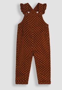 Salopette in velluto a coste marrone con pois bianchi, rouches sulle spalle, chiusure a bottoni e tasche laterali. Design con gamba dritta e orlo rifinito. 