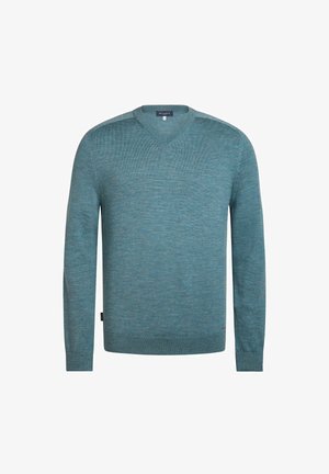 Pull pour hommes à col en V, manches longues, couleur bleu sarcelle, avec poignets et ourlet côtelés, présenté sur un fond blanc.