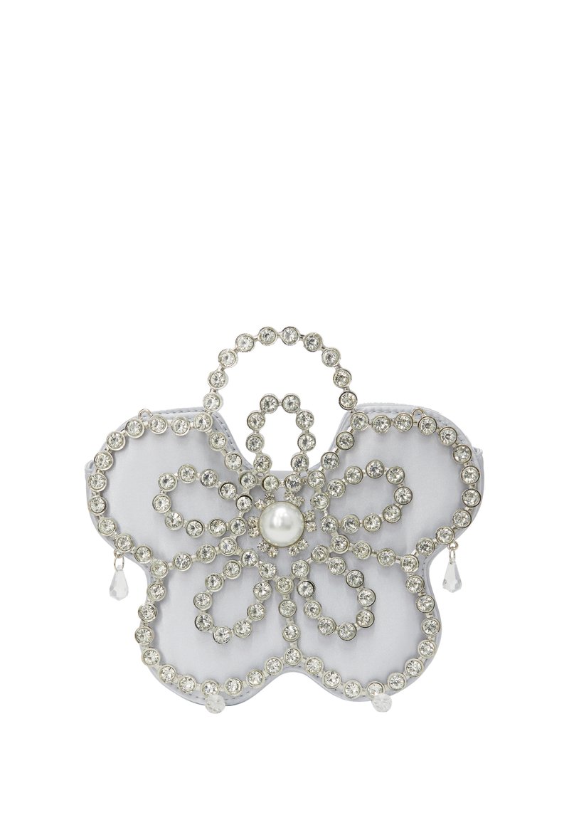 Blomstformet accessorie med en satinlignende grå base, udsmykket med klare rhinsten og en central perle; har krystal dråbe accenter.