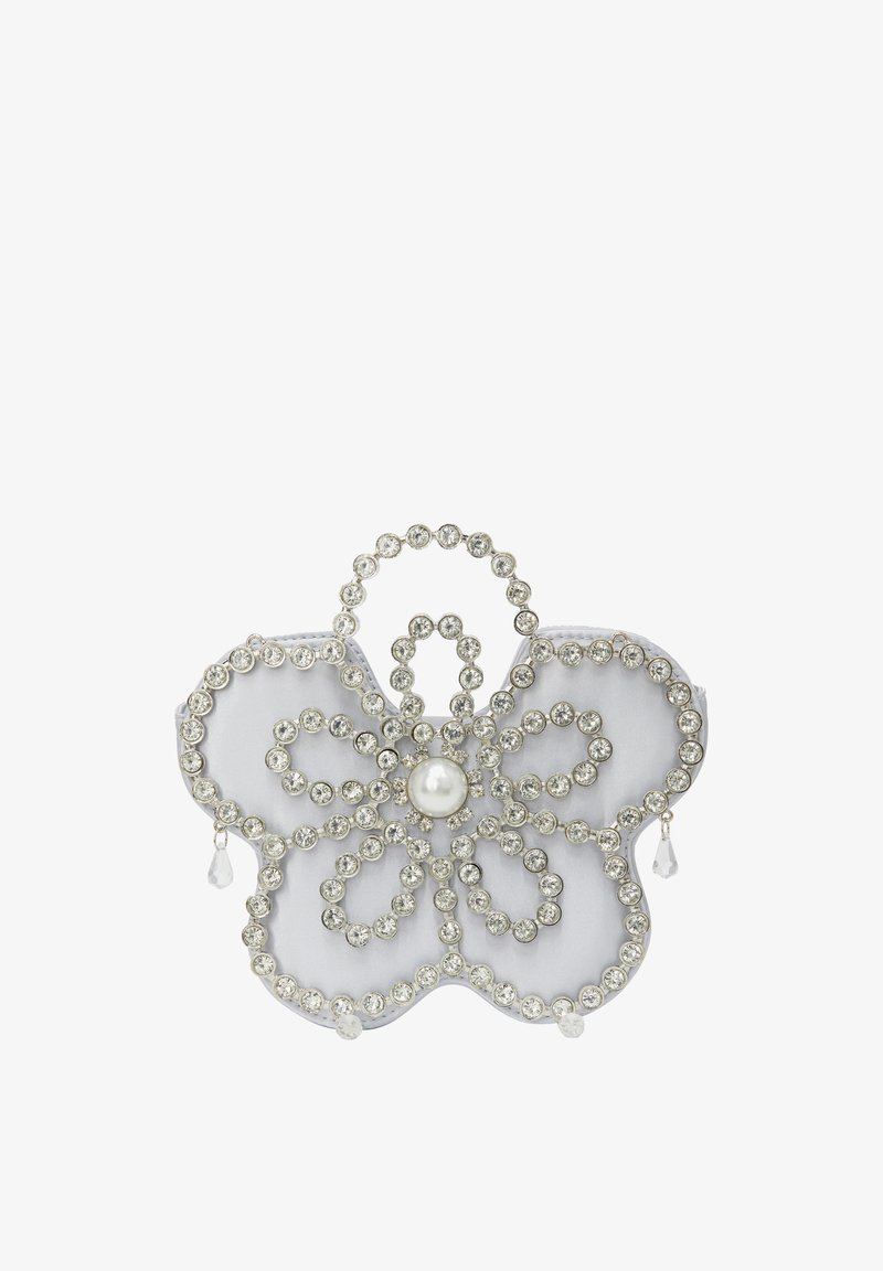 Kukka-muotoinen koru, jossa on satiinimainen harmaa pohja, koristeltu kirkkailla rhinestoneilla ja keskellä helmellä; sisältää kristallilaskoksia.