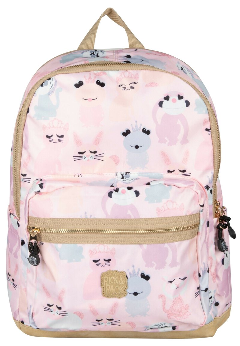 Roze stoffen rugzak met verschillende cartoon dierenfiguren. Gouden ritsen, beige accenten en een voorvak met logo-detail.