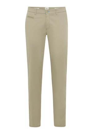 Beige chinos lavet af bomuld med en slim pasform, der har en forlomme og en knaplukning. Glat tekstur med rene linjer.
