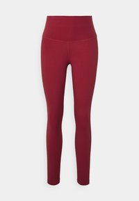 Højtaljede, tætsiddende leggings i dyb bordeaux, lavet af glat materiale uden synlige mønstre eller accenter.