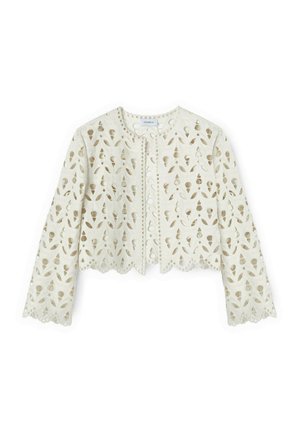 Chaqueta blanca corta con mangas largas, escote redondo y un intrincado patrón floral recortado con bordes festoneados.