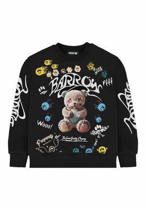 Felpa nera con grafica di un orsetto colorato, fiamme, impronte di zampe e testo scritto a mano in modo giocoso con le parole "BARROW" e "Wooo!".