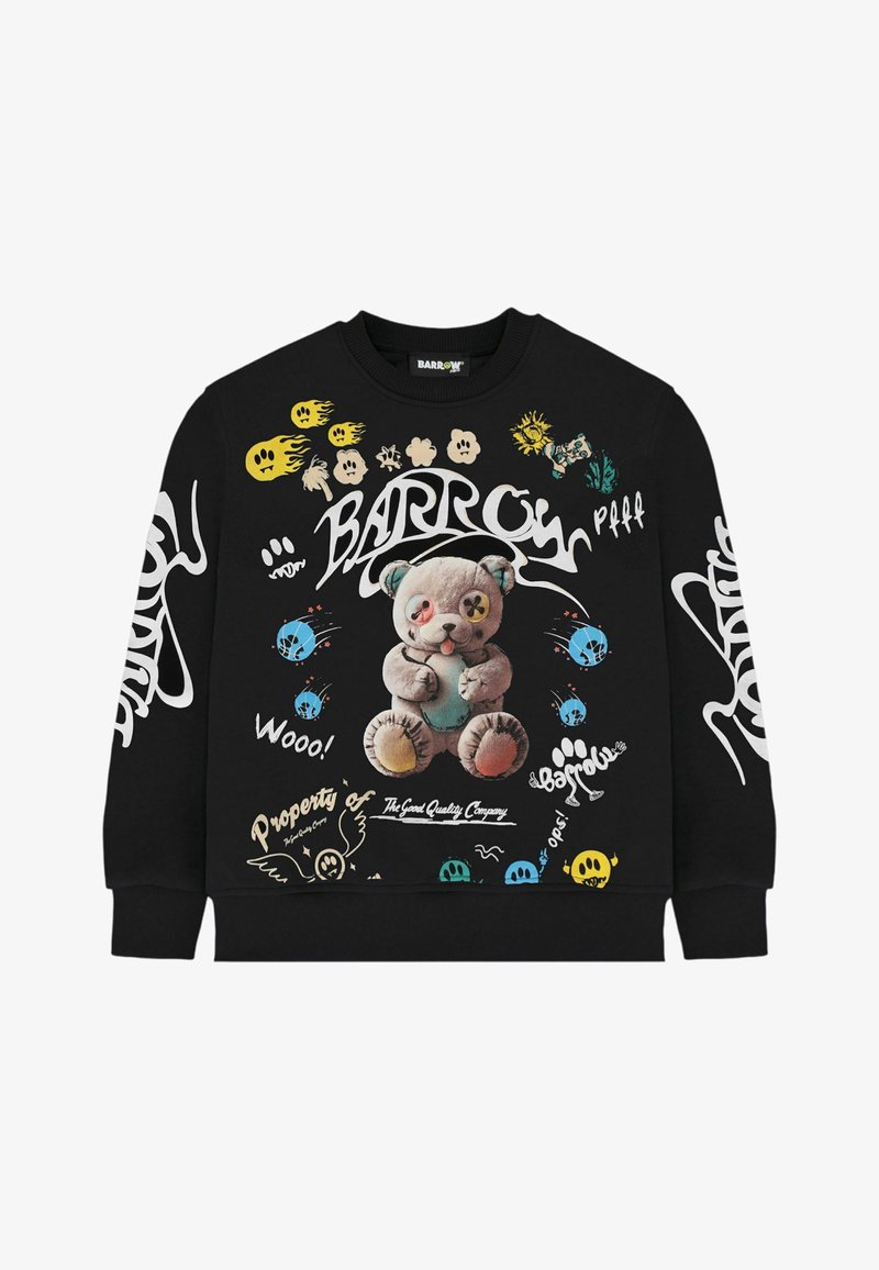 Sweat-shirt noir avec un graphisme coloré d'ours en peluche, des flammes, des empreintes de pattes, et un texte manuscrit ludique incluant "BARROW" et "Wooo !".