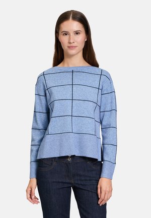 Maglione azzurro chiaro con motivo a griglia nera, scollatura rotonda e orlo a costine. Realizzato in un morbido tessuto a maglia, presenta maniche lunghe.