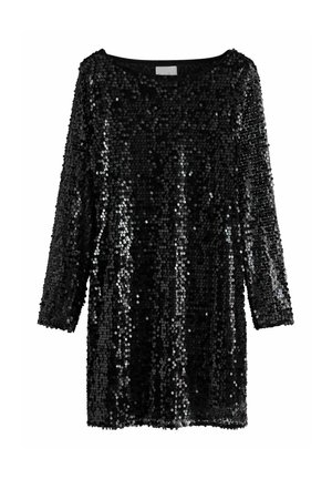 Robe noire en sequins avec des manches longues, un col rond et une coupe ample. La surface est ornée de nombreux sequins brillants et réfléchissants.
