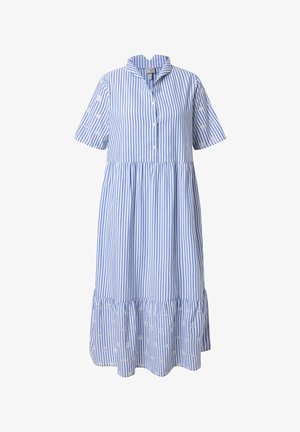 Blau-weiß gestreiftes Kurzarmkleid mit Knöpfen, Blumenstickerei an Ärmeln und Saum sowie einem gerafften Rock.