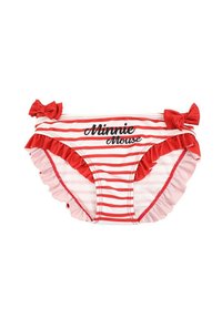Bas de maillot rayé rouge et blanc avec des bords volants, présentant un nœud de chaque côté, et le texte "Minnie Mouse" en noir.