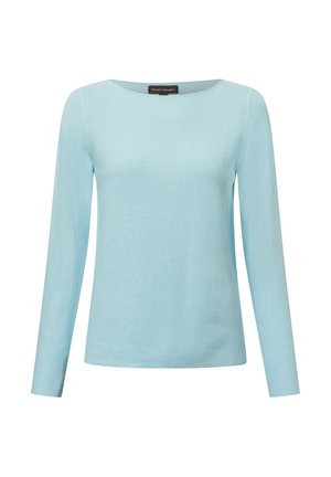 Himmelblaues Langarmpullover mit Rundhalsausschnitt, gestrickter Textur und geradem Schnitt. Etikett am Hals sichtbar.