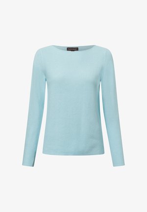 Himmelblaues Langarmpullover mit Rundhalsausschnitt, gestrickter Textur und geradem Schnitt. Etikett am Hals sichtbar.