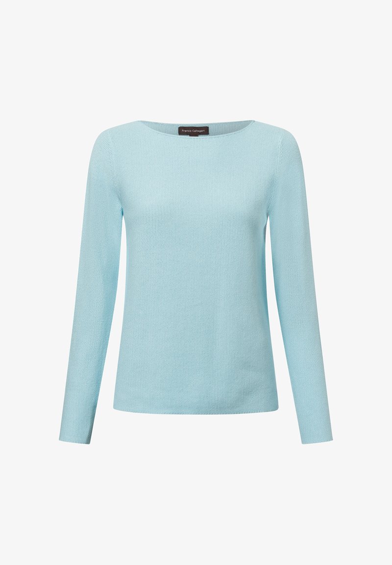 Himmelblaues Langarmpullover mit Rundhalsausschnitt, gestrickter Textur und geradem Schnitt. Etikett am Hals sichtbar.