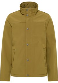Herrjacka i olivgrönt med hög krage, framknappar och sidofickor med dragkedja, designad för kallare väder.