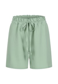 Shorts vert clair avec taille élastique et cordon de serrage à l'avant, longueur genou et coupe ample, présentés sur fond blanc.