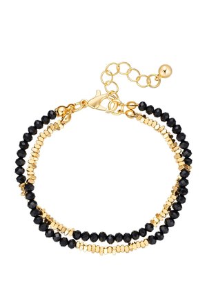 Doppelstrang-Armband mit facettierten schwarzen Perlen und kleinen goldenen sechseckigen Perlen, goldfarbenem Karabinerverschluss und verstellbarer Kette.