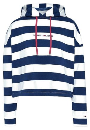 Niebieska i biała w paski skrócona bluza z kapturem, z regulowanym kapturem i logo "TOMMY JEANS" na przodzie. Wykonana z bawełny, z ściągaczami na rękawach.