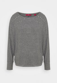 Maglione grigio a maniche lunghe con vestibilità ampia, scollatura rotonda e decorativi accenti di perle lungo le spalle. Tessuto morbido.