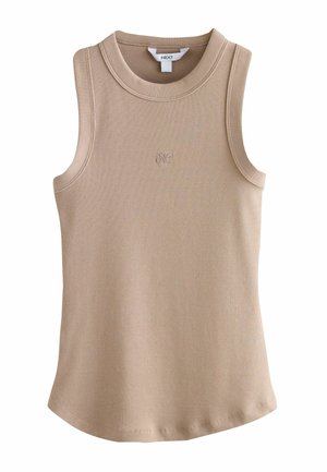 Beiges geripptes Tanktop mit rundem Ausschnitt und ärmellosem Design. Verfügt über eine dezente Logostickerei auf der Vorderseite. Weiche Textur, figurbetonte Form.