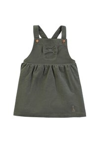 Abito in cotone verde con spalline regolabili, un fiocco decorativo sul petto, gonna arricciata e dettagli con bottoni in legno. Logo ricamato nella parte inferiore.