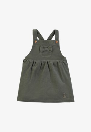 Grünes Baumwollkleid mit verstellbaren Trägern, einem Schleifenakzent auf der Brust, einem gerafften Rock und Holzknopfdetails. Gesticktes Logo am Saum.