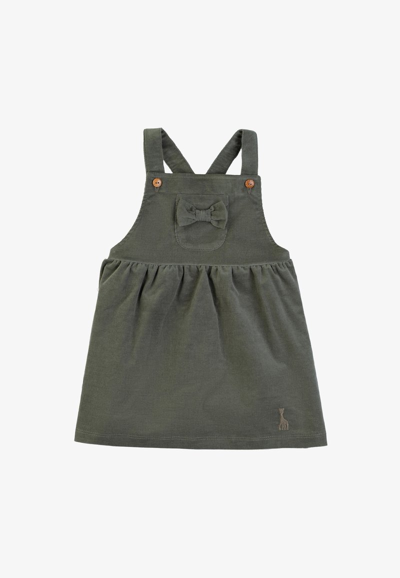 Grünes Baumwollkleid mit verstellbaren Trägern, einem Schleifenakzent auf der Brust, einem gerafften Rock und Holzknopfdetails. Gesticktes Logo am Saum.
