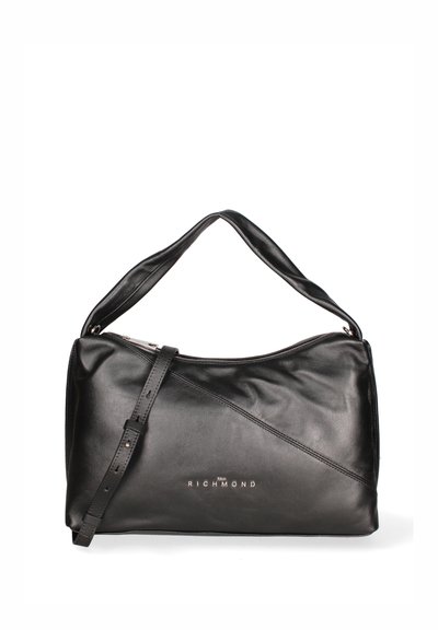 Borsa a tracolla in pelle nera con una texture liscia, design a cucitura diagonale e tracolla regolabile. Caratterizzata da un logo metallico del marchio sulla parte anteriore.