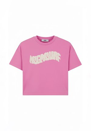 T-shirt corta a maniche corte rosa con scritta ondulata bianca MSGM SURF al centro del petto e scollatura rotonda.