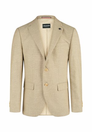 Beiger Herrenblazer mit Kerbkragen, zwei Knöpfen, Pattentaschen und Hechter Paris Etikett am Krageninneren.