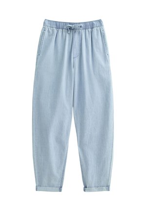 Lichtblauwe, losse spijkerbroek met een elastische tailleband en trekkoord. Voorzien van zijzakken en opgerolde zoom. Soepele textuur.