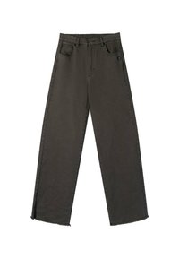 Dunkelgraue Jeans mit geradem Bein, fünf Taschen, Knopfverschluss, Gürtelschlaufen und rohen Säumen.