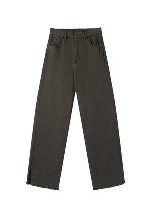 Jeans grigio scuro a gamba dritta con cinque tasche, chiusura con bottoni, passanti per cintura e orli grezzi.