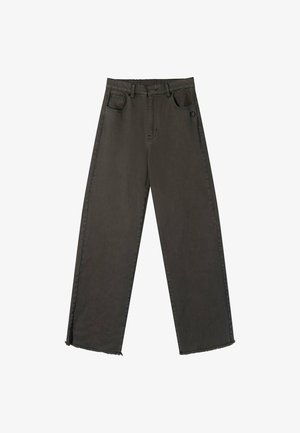 Dunkelgraue Jeans mit geradem Bein, fünf Taschen, Knopfverschluss, Gürtelschlaufen und rohen Säumen.