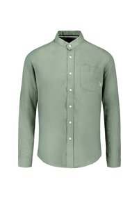 Grünes Langarmhemd aus Leinen mit Button-Down-Kragen, mit Knöpfen an der Vorderseite und einer einzelnen Brusttasche. Glatte Textur, lässiges Design.