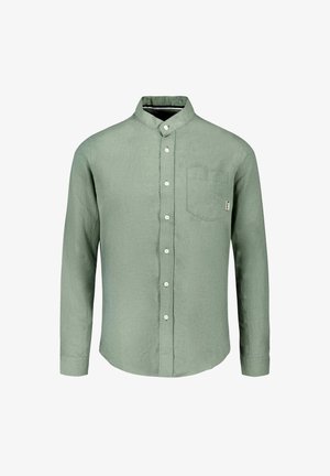 Groene, lange mouwen overhemd van linnen met een button-down kraag, knopen aan de voorkant en een enkele borstzak. Soepele textuur, casual ontwerp.