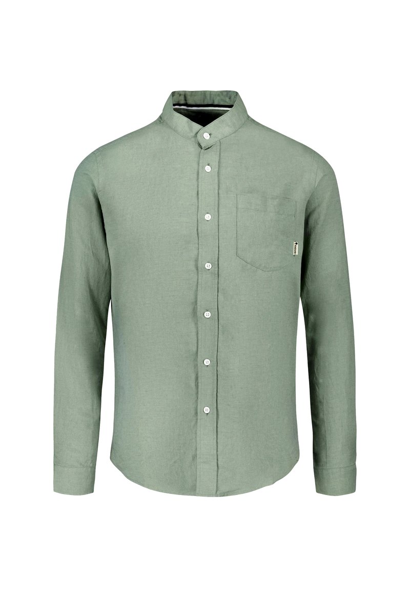 Grünes Langarmhemd aus Leinen mit Button-Down-Kragen, mit Knöpfen an der Vorderseite und einer einzelnen Brusttasche. Glatte Textur, lässiges Design.