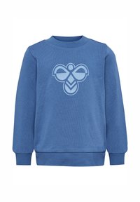Blå sweatshirt i bomullsblandning, med en stor, ljust färgad grafik av en stiliserad bi på framsidan. Ribbad krage och ärmslut.