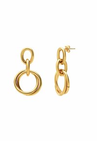 Boucles d'oreilles en imitation or, présentant deux anneaux entrelacés. Le design intègre des formes lisses et arrondies avec une finition polis.