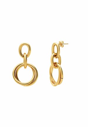 Gouden oorbellen met twee in elkaar grijpende ringen. Het ontwerp bevat gladde en ronde vormen met een hoogglanzende afwerking.